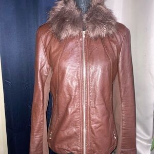 Brown Leather Jacket with Faux Fur Collar